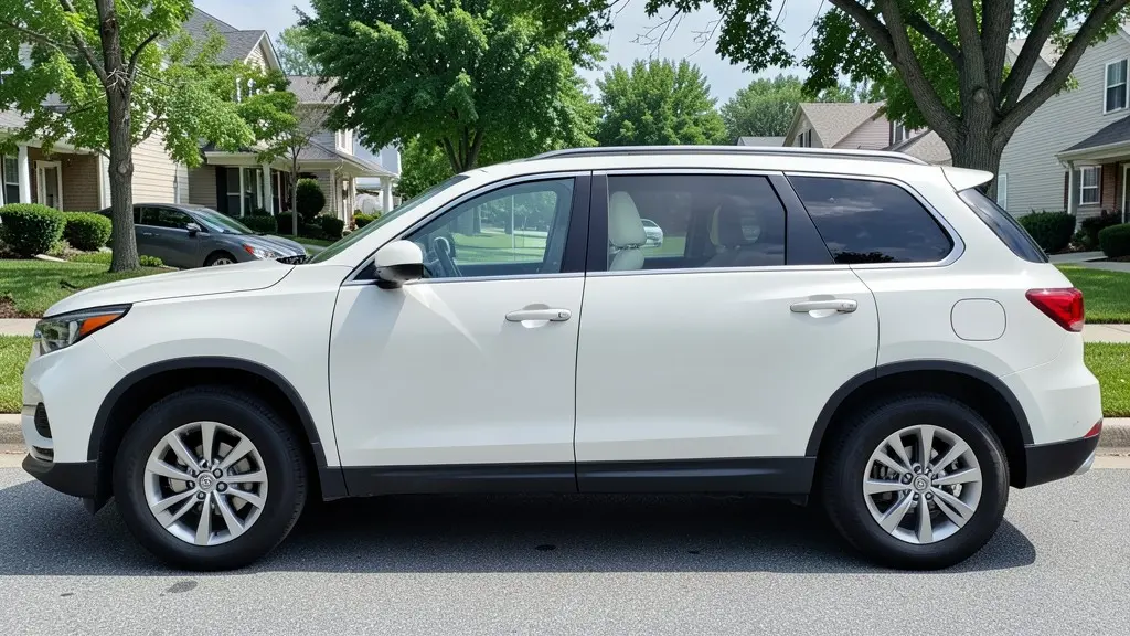 AI-generated sample: white SUV parked on a residential street, side view, clear front windows and factory-dark rear privacy glass