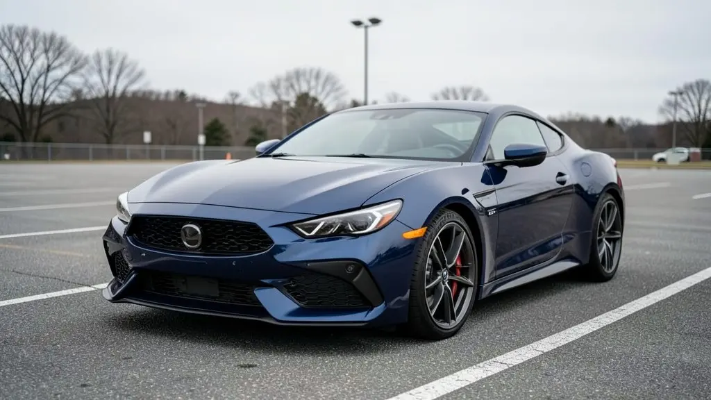 AI-generated sample: dark blue sports coupe in a parking lot, three-quarter front view
