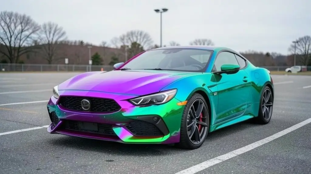 AI-generated sample: the same coupe shown in a purple-to-teal color-shift wrap