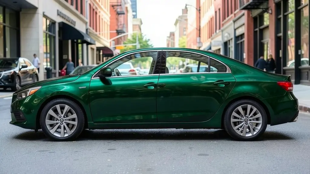 AI-generated sample: the same sedan shown in a satin dark green vinyl wrap