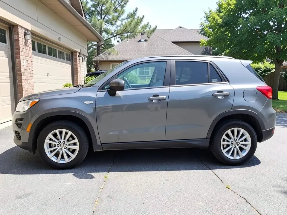 AI-drawn sample: a gray generic compact SUV on silver multi-spoke wheels parked in a driveway in front of a garage