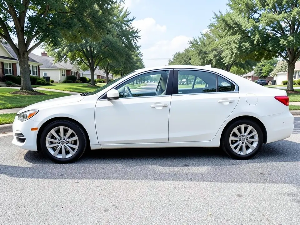 AI-drawn sample: a white generic family sedan on silver multi-spoke wheels parked on a suburban street