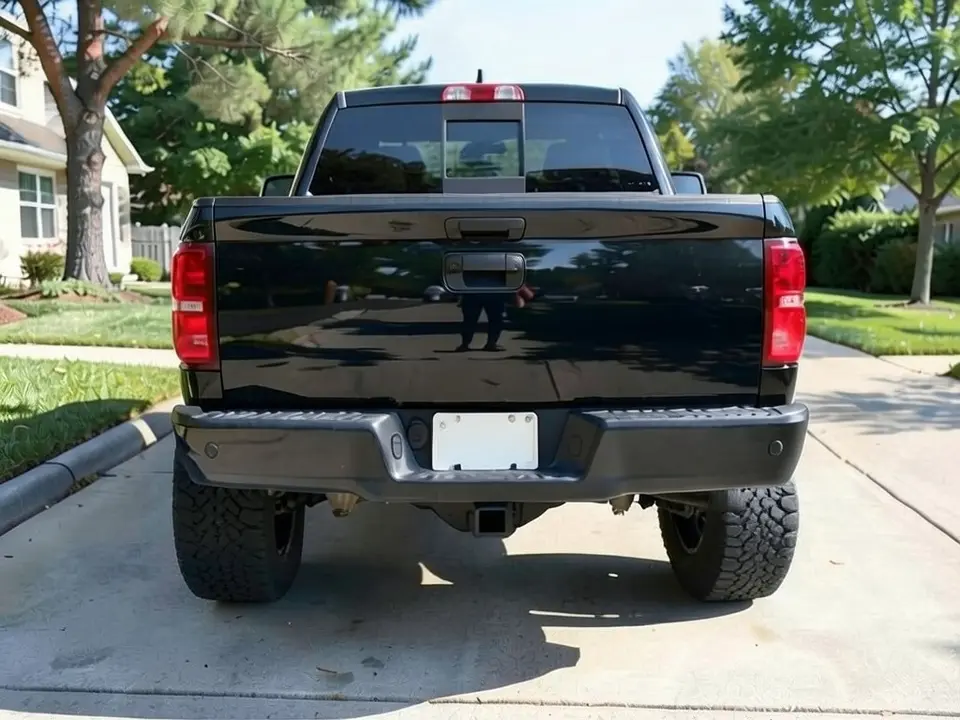 AI-drawn sample: the same pickup with the rear wheels pushed out toward the fender edges