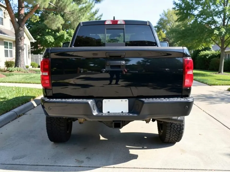 AI-drawn sample: a black pickup truck seen straight from behind in a driveway, rear wheels tucked inside the fenders