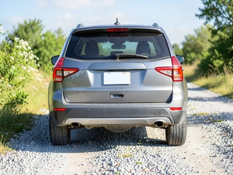AI-drawn sample: a gray SUV seen straight from behind on a gravel road, rear tires inside the body line