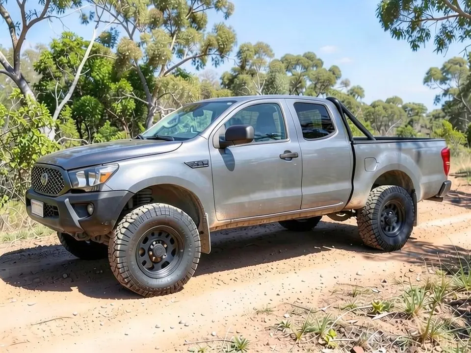 AI-drawn sample: a gray crew cab pickup truck with off-road tires on a dirt trail