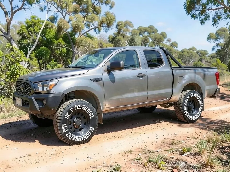 AI-drawn sample: the same pickup with white letters on the sidewalls of both visible tires