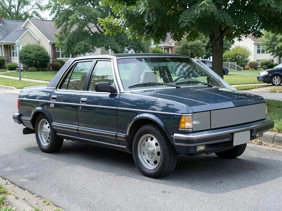 AI-drawn sample: a dark blue 1980s-style sedan with painted steel wheels on a residential street