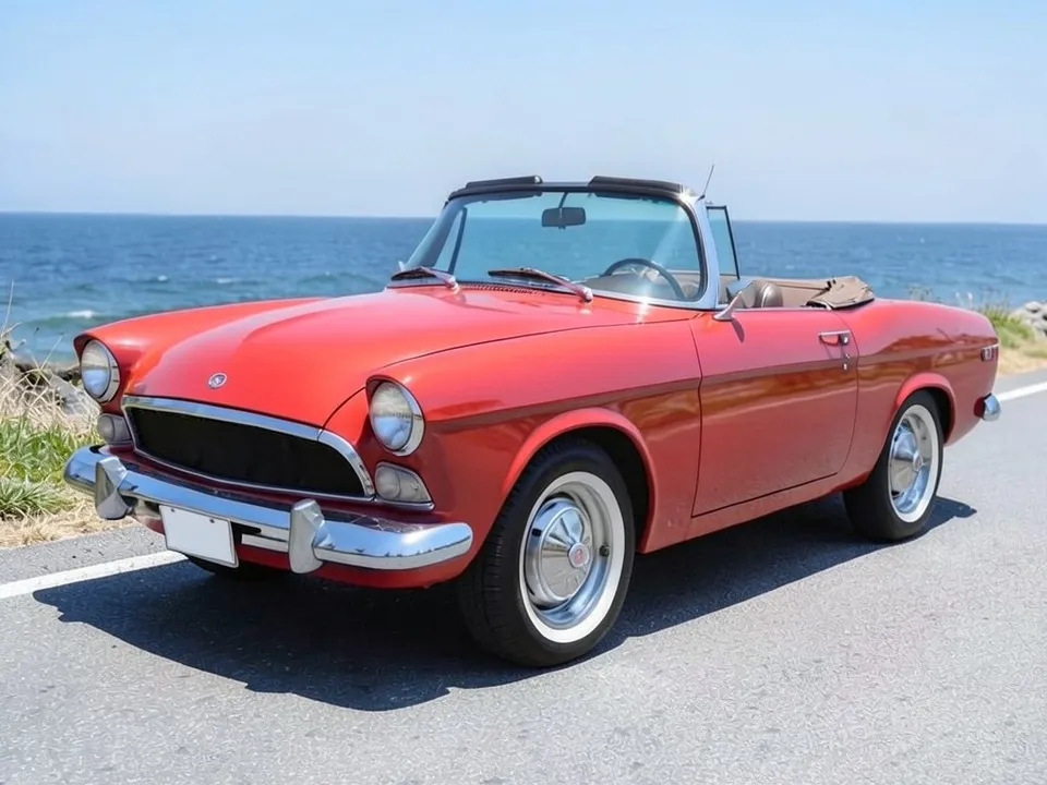 AI-drawn sample: a red 1960s-style convertible with plain silver steel wheels by the sea