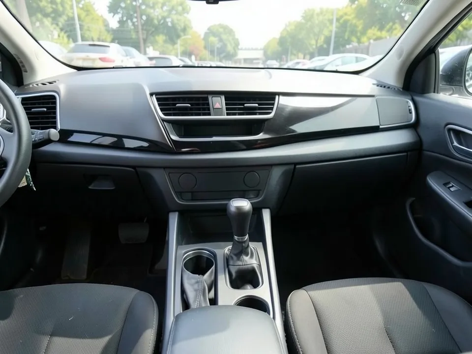 AI-drawn sample: a plain black car dashboard with a trim strip above the glovebox and a gear lever panel, seen from the passenger seat