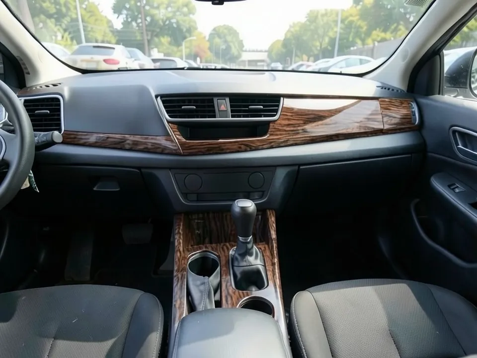 AI-drawn sample: the same dashboard with dark walnut wood grain on the trim strip and gear lever panel