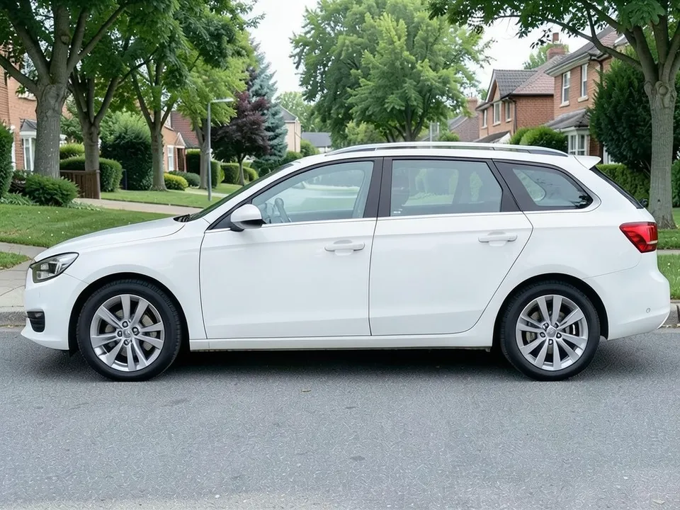 AI-drawn sample: a plain white station wagon with silver wheels, seen from the side on a suburban street