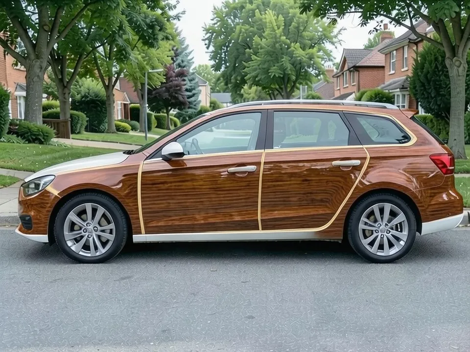 AI-drawn sample: the same wagon with wood grain side panels framed by a light wood strip