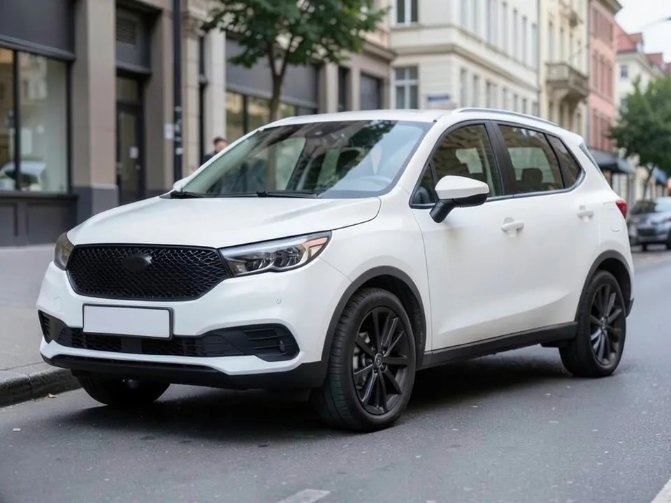 AI-drawn sample: a plain white compact SUV with black wheels on a city street
