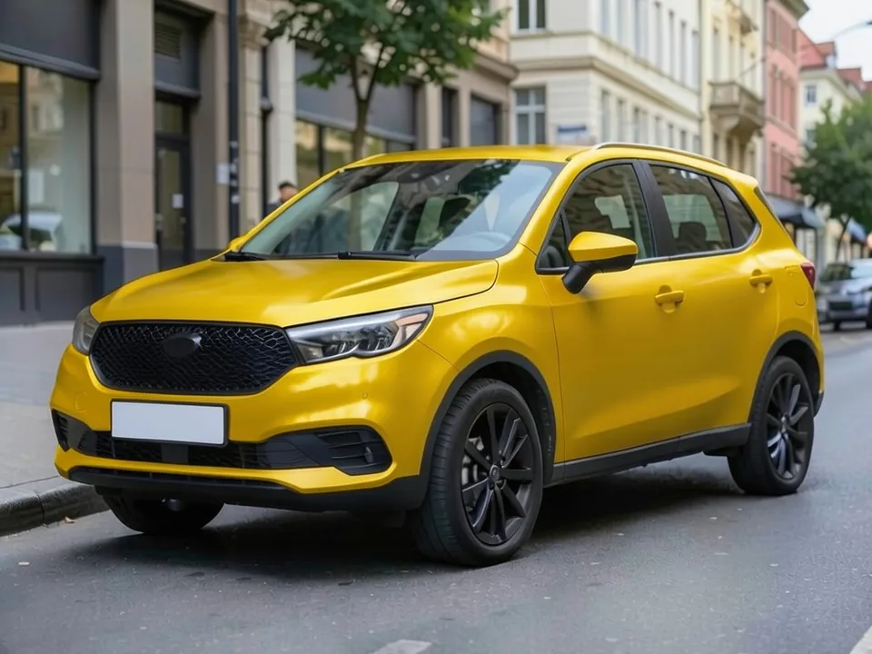 AI-drawn sample: the same SUV in a satin sunflower yellow wrap