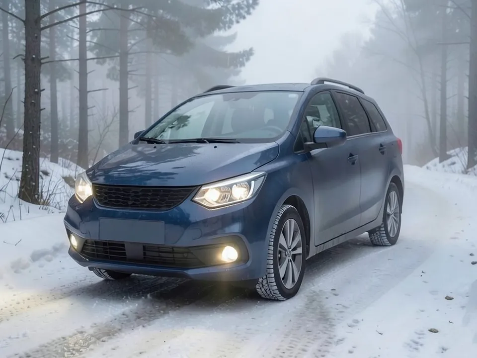 AI-drawn sample: a dark blue compact wagon with white fog lights on a snowy forest road