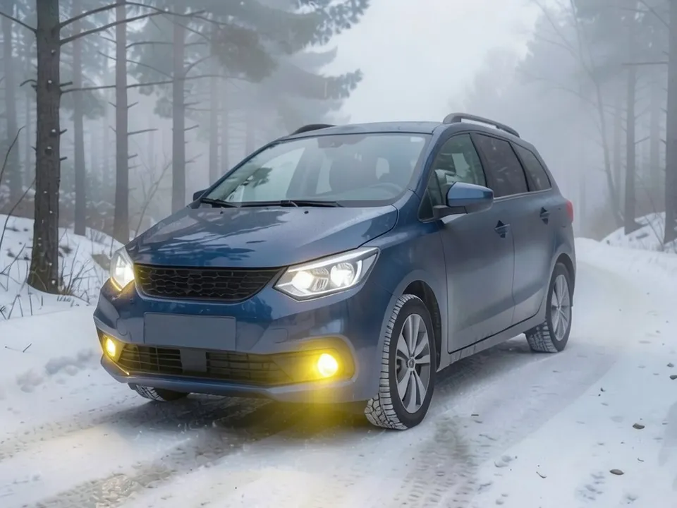 AI-drawn sample: the same wagon with yellow fog lights and white headlights