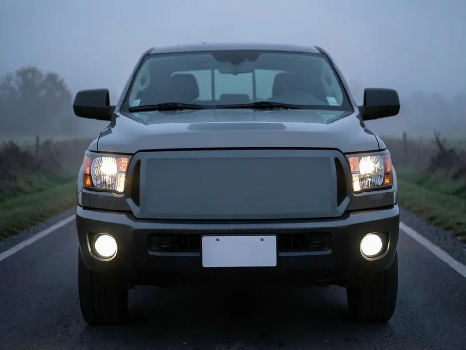 AI-drawn sample: the front of a gray full-size pickup with white fog lights on a misty road