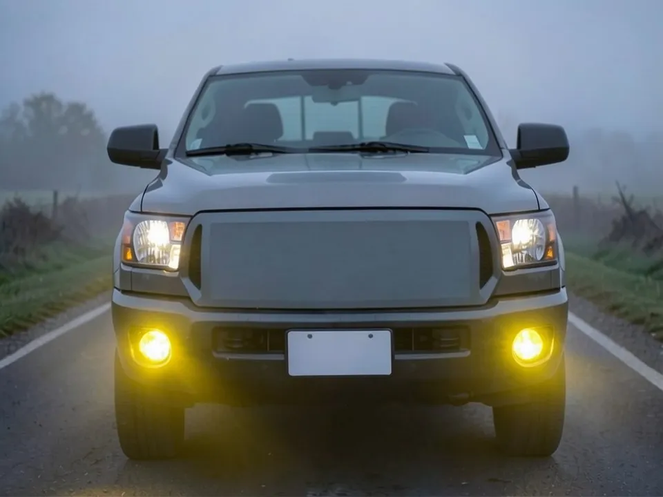 AI-drawn sample: the same pickup with yellow fog lights glowing on the road